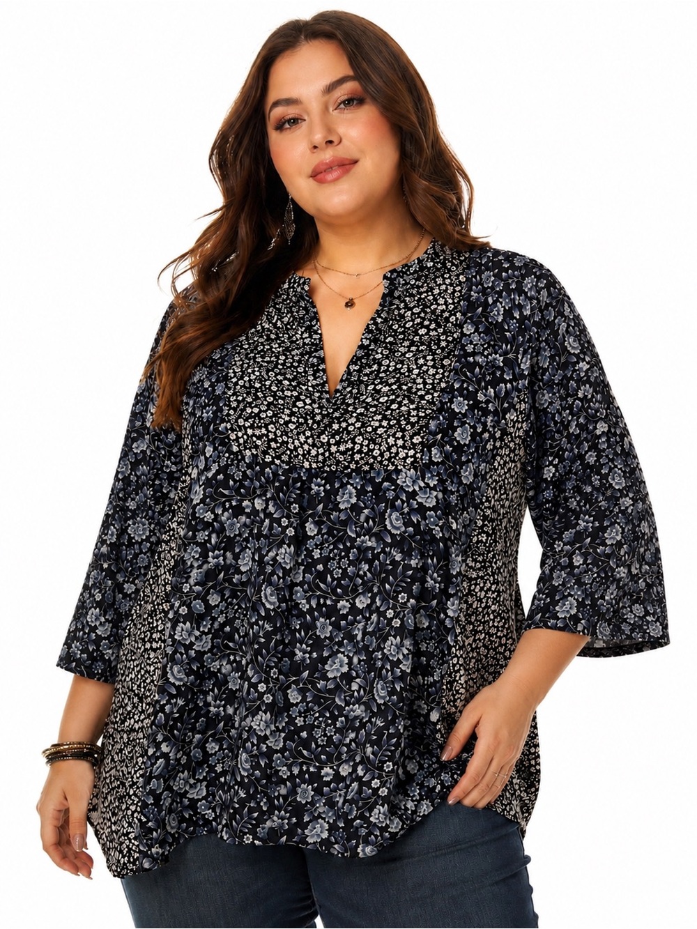 Chaps Black Blue Floral Dark Romantic Boho Semi Sheer Top size 2X